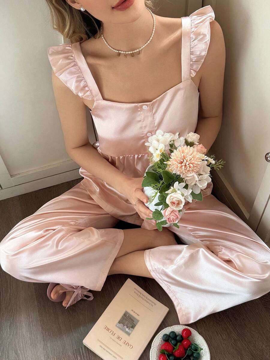 Snug Reverie 女士缎面荷叶边吊带背心和阔腿裤睡衣套装，前扣腰带，冰丝睡衣两件套 - 珊瑚粉 - 查看 1