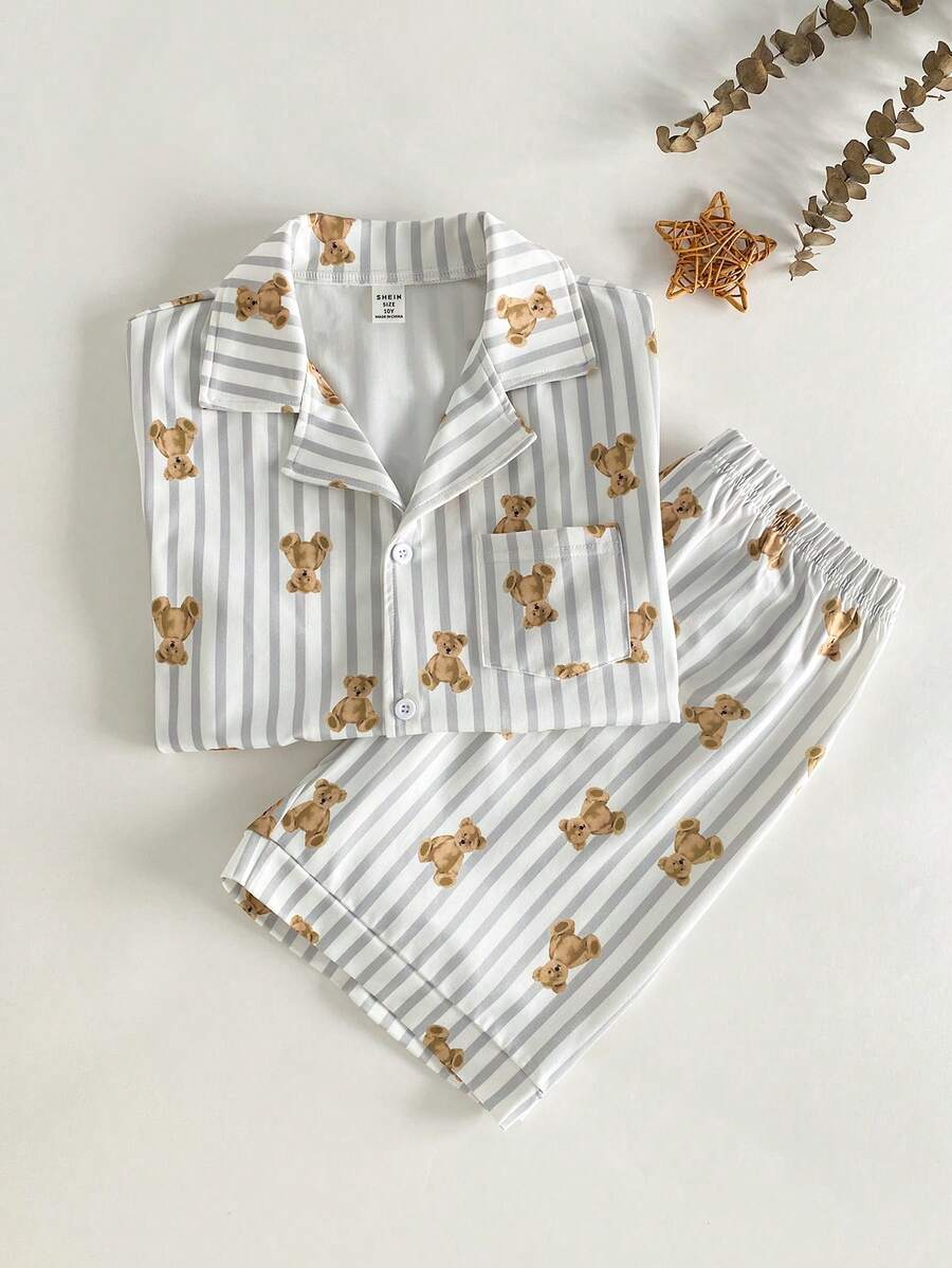 SHEIN 幼儿男童可爱小熊印花灰白条纹短袖短裤两件套睡衣,优雅舒适 - 淺灰色 - 查看 1
