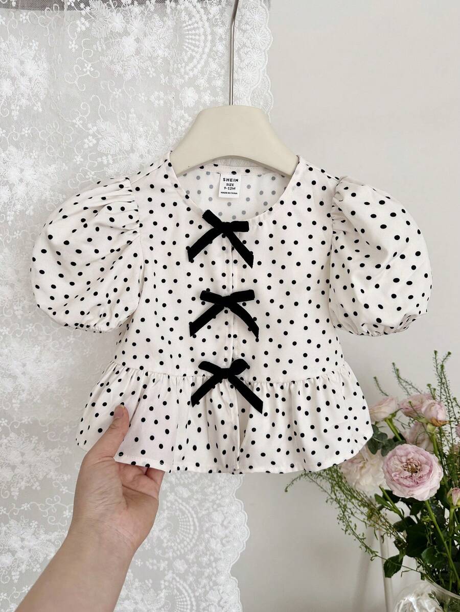 SHEIN 女嬰雪紡波點泡泡袖休閒上衣 - 黑與白 - 查看 1