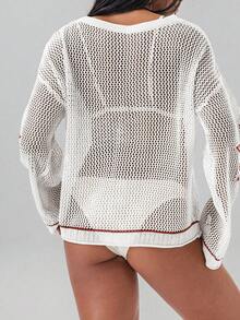 Swim Vcay Cubre con estampado de rayas y números, de punto, oversize para mujer, cubre con cuello en V y tejido de malla calada para la playa, con bloqueo de color retro - Multicolor - Ver 2