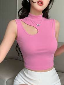 DAZY 女士夏季圆领休闲镂空修身短袖T恤 - 粉色 - 查看 2