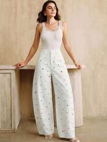 Anewsta Summer Fashionable White Flared Pants With Colorful Rhinestone Decor Women's Suit Pants - White - View 5