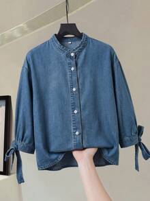 EMERY ROSE Mature Denim 女士休闲牛仔衬衫，袖口打结设计，单排扣 - 藍色 - 查看 6