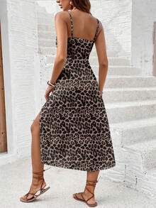 SHEIN Frenchy Vestido Midi com Fenda e Estampa de Onça para Férias - Multicolorido - Visão 2