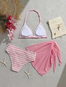 SHEIN Conjunto de bikini de 3 piezas para adolescentes, top triangular de halter floral negro, Bottom triangular, pareo, traje de baño elegante y casual adecuado para nadar, vacaciones, verano - Rosa - Ver 2