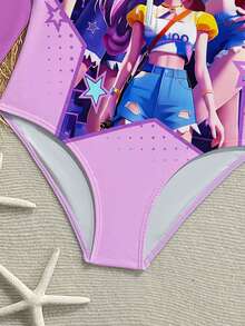 SHEIN Traje de baño de una pieza con estampado de retrato de bloques de color y cremallera frontal para niñas preadolescentes, ideal para vacaciones de verano en la playa - Multicolor - Ver 3