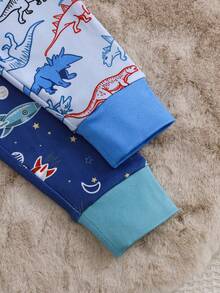 Cozy Pixies Bộ đồ ngủ 4 món ôm sát in hình khủng long hoạt hình, gồm áo dài tay và quần, dành cho bé trai. - Màu xanh ngọc - Xem 5
