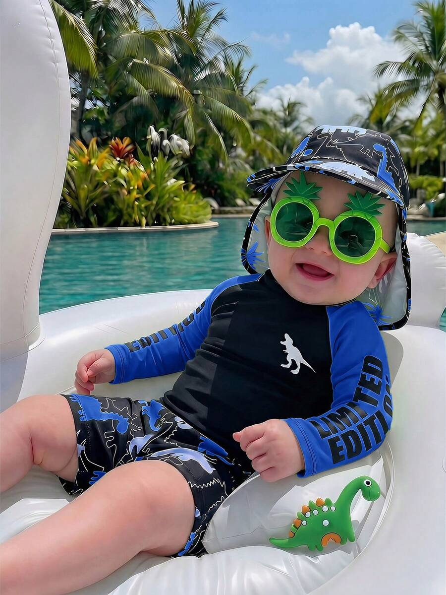 SHEIN Bubblio 3pcs/Set Baby Boy Colorblock Neon Dinosaur Print Swimsuit Set With Rash Guard And Sun Hat, Suitable For Vacation, Beach, Swimming - Blue - View 1