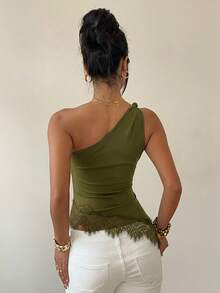Siren Gaze Áo kiểu lệch vai thắt nút ren phối nhiều mảnh, áo blouse nữ ôm dáng thanh lịch, áo crop top mùa hè năng động, hở vai, hở lưng, thích hợp cho tiệc tùng, lễ hội âm nhạc. - Màu xanh Ô liu - Xem 2