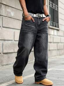 Manfinity EMRG Men's Casual Versatile Everyday Wear Loose Fit Jeans With Pockets - Black - View 1