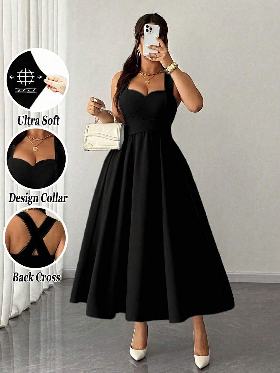 Elenzga Robe de mariée d'automne élégante noire pour femmes grande taille, bretelles spaghetti haute élasticité, nouée à la taille, jupe plissée, pour soirée, festival de musique, rendez-vous - Noir - Voir 1