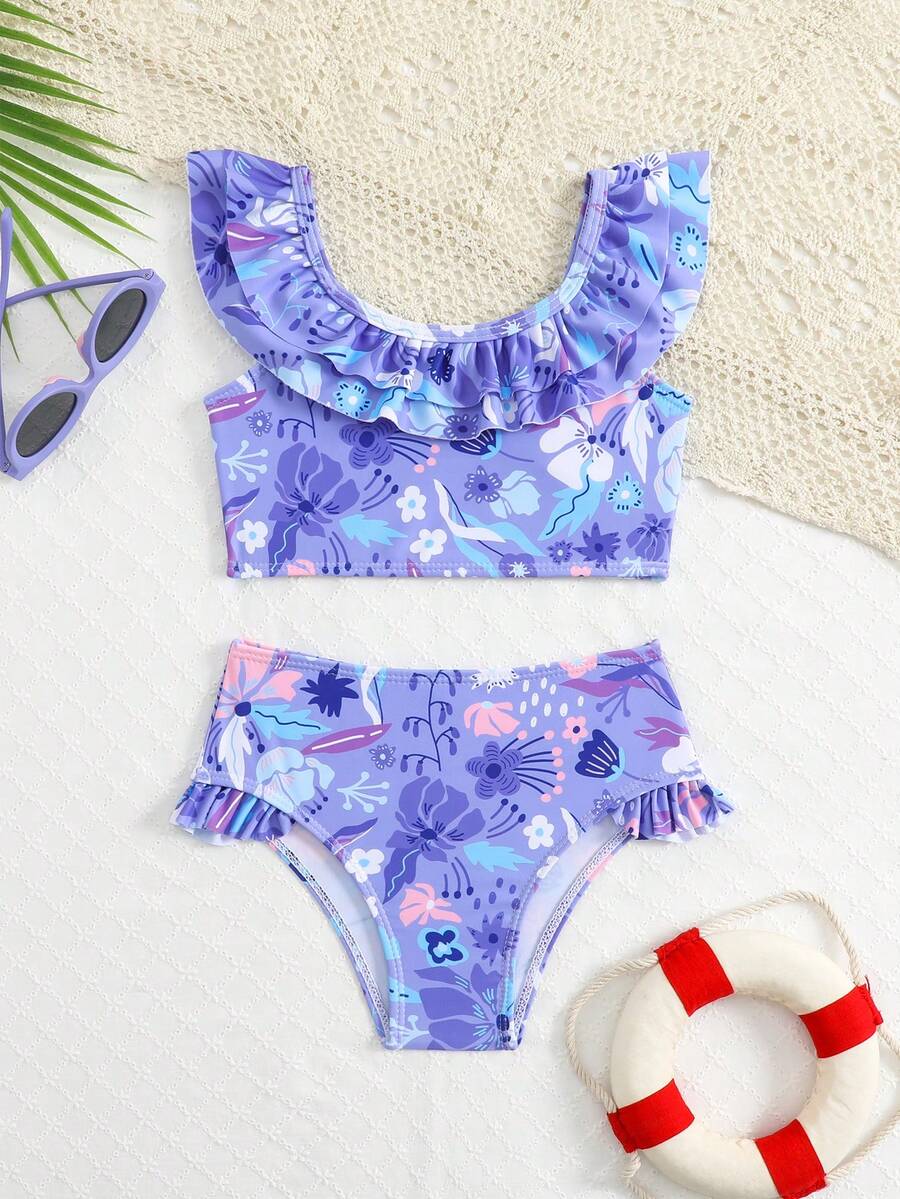Đồ bơi cho bé gái, Áo tắm tankini in họa tiết da báo có tay cho bé gái, Đồ bơi kín đáo, Kiểu dáng dễ thương - Màu tím - Xem 1
