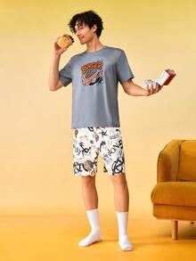 Notgurli Men's Summer Printed Round Neck Short Sleeve Shorts Casual Comfortable Pajama Set Home Orange White - Multicolor - View 5