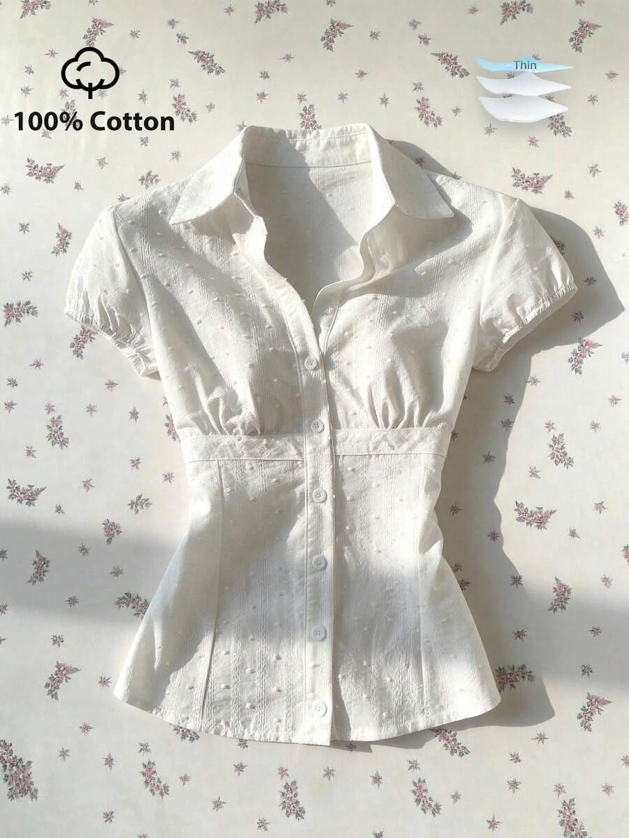 Elamini Áo kiểu nữ tay ngắn dáng ôm, họa tiết jacquard, chất liệu retro, cá tính, thích hợp cho kỳ nghỉ. - trắng - Xem 1