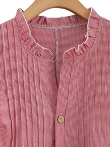 Franclia Plus Size Woven Ruffle Collar Drawstring Casual Cute Plaid Shirt Holiday Light Pink Summer - Red - View 4
