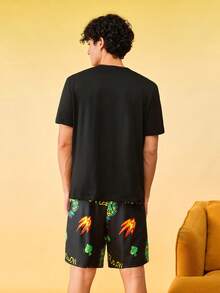 Notgurli Set pigiama uomo con pantaloncini e maglietta a maniche corte con stampa, collo rotondo - Multicolore - Visualizzare 2