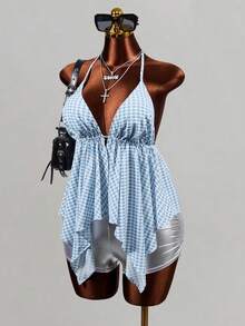 Mistrie Weißes kariertes Rüschen-Top für Damen, süßes Y2K-Sommer-Urlaubs-Shirt, sexy ärmellos mit asymmetrischem Saum, für Strand und Golf - Blau - Übersicht 1