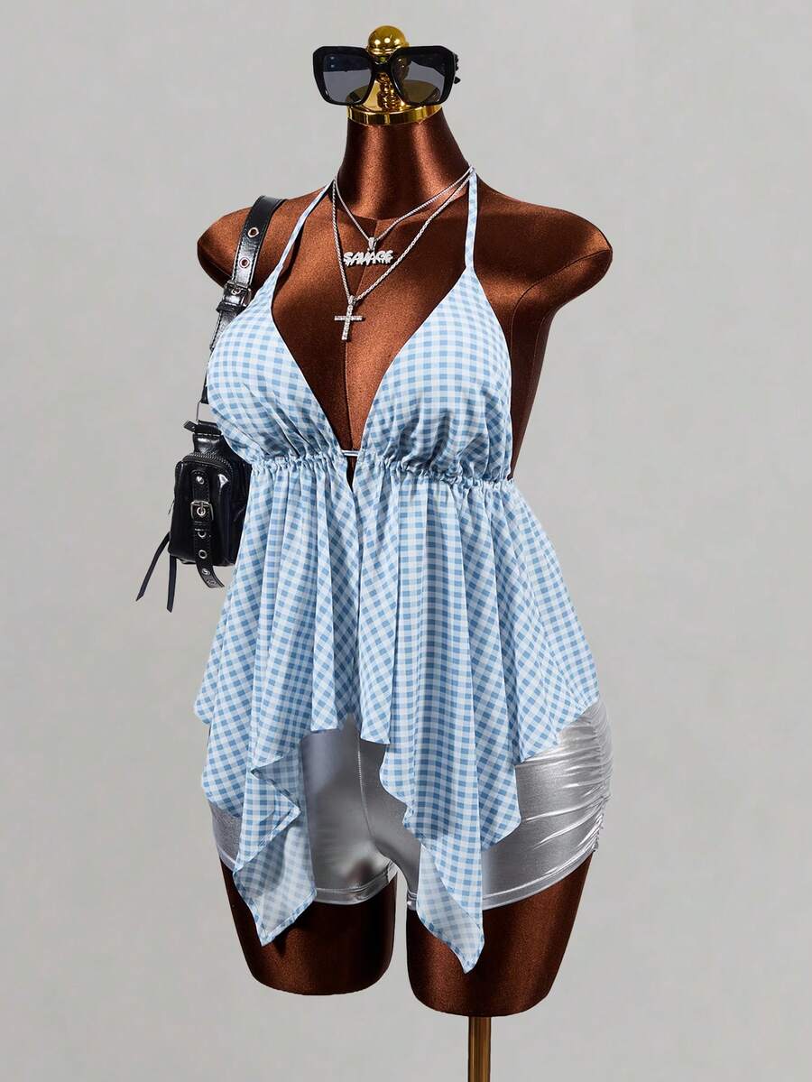 Mistrie Weißes kariertes Rüschen-Top für Damen, süßes Y2K-Sommer-Urlaubs-Shirt, sexy ärmellos mit asymmetrischem Saum, für Strand und Golf - Blau - Übersicht 1