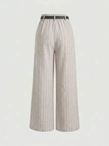 SHEIN Tall CURVE Quần ống đứng dáng rộng thoải mái dành cho nữ cỡ lớn, có thắt lưng. - Màu Khaki - Xem 2