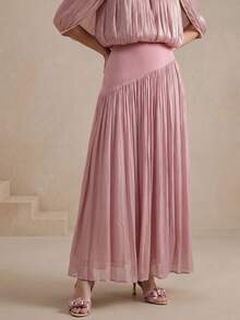 Anewsta Falda larga de cintura alta con pliegues, de tela brillante, estilo bohemio, versátil y casual para vacaciones - Rosa vieja - Ver 5