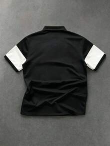 PAVTROS Men's Letter Print Color Block Casual Versatile Commute Short Sleeve Polo Shirt - Black - View 2