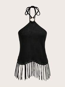Opulessa Women's Solid Color Fringe Halter Top, Spring/Summer,Summer Top - Black - View 6