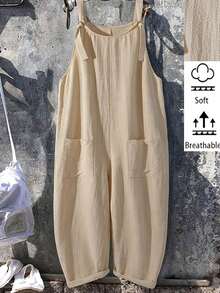 EMERY ROSE Plus Size Casual Fashion Strap Jumpsuit, Solid Color Loose Wide Leg Bib Overall Jumpsuit With Large Pockets - Apricot - View 3