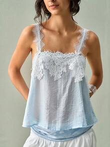SoleilVie Áo hai dây nữ thanh lịch phối ren patchwork vải xuyên thấu vân nổi, phù hợp cho đi nghỉ mát, brunch bãi biển, trang phục lễ hội màu xanh nhạt và trắng mùa hè - Màu xanh lam - Xem 3