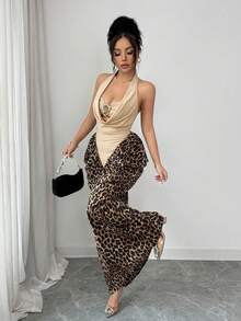 Elenzga Women's Spring/Summer Sexy Halter Tie-Up Leopard Print Patchwork Asymmetrical Design Bodycon Dress - Apricot - View 4