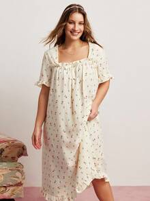 Elorette Camisón, vestido para dormir, vestido largo, muu muu de talla grande para mujer con estampado de rosas, volantes de gasa, cuello cuadrado, detalles cómodos y elegantes con esplendor floral abundante - Albaricoque - Ver 5