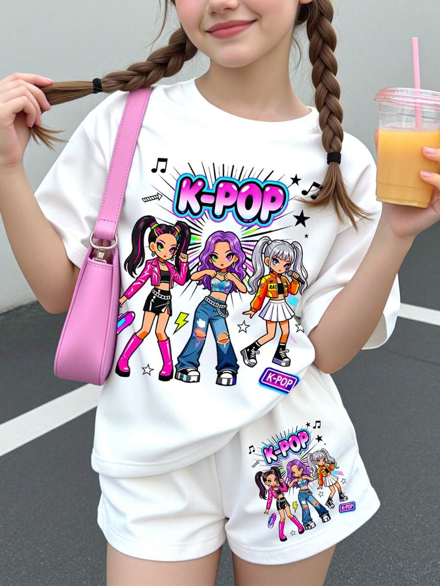 Set de 2 piezas de camiseta y pantalones cortos con estampado de personajes de dibujos animados para niña, adecuado para el verano - Multicolor - Ver 1