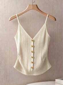 Franclia Women's Solid Color Button Design Casual Camisole - Apricot - View 4