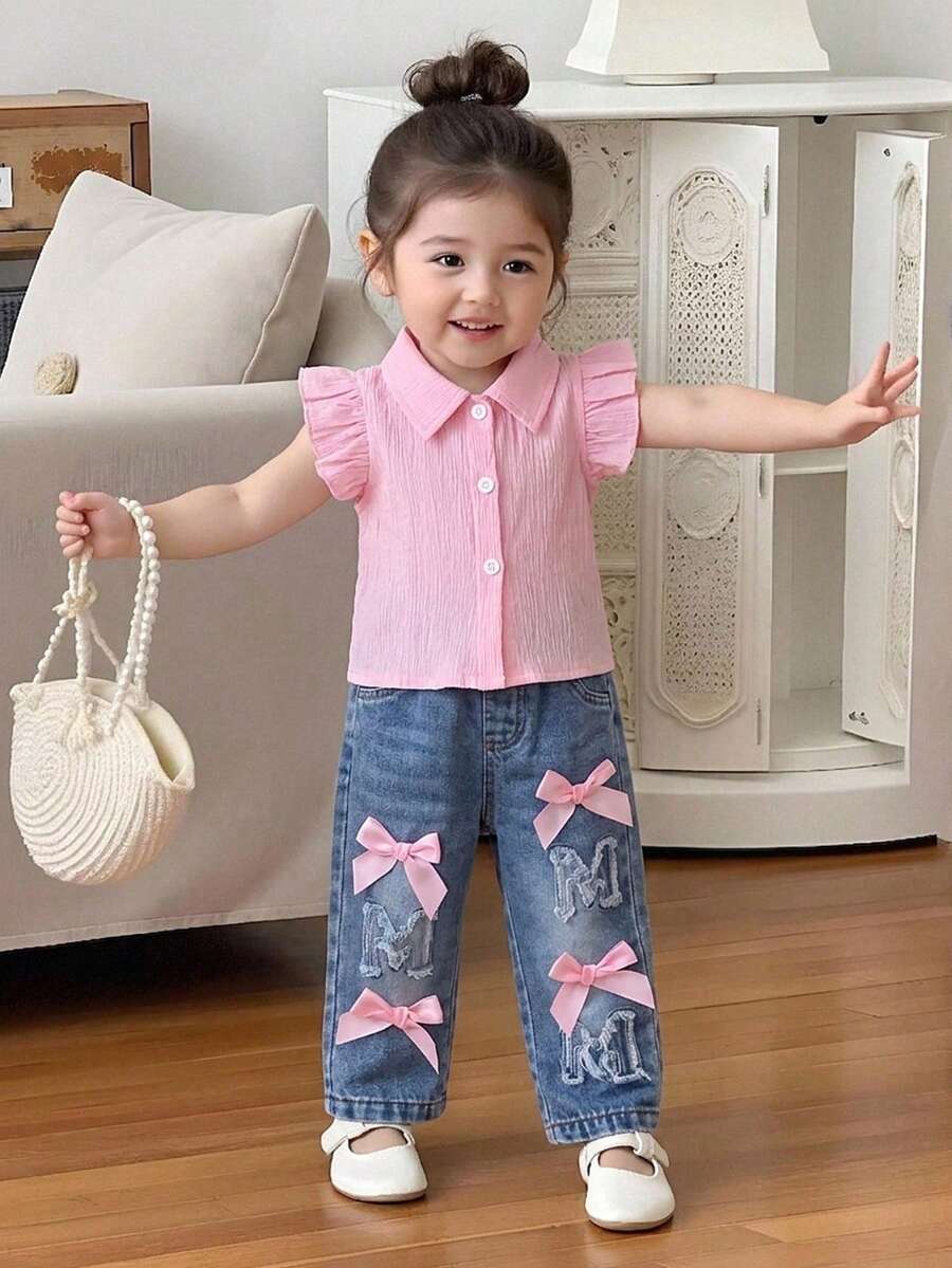 SHEIN 2pcs/Set Baby Girl Spring&Summer Casual Style, Top &Heart-Shape Embroidery Long Pants Denim Set - Baby Pink - View 1