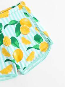 SHEIN Tween Girl Lemon Print One-Piece Swimsuit With Shorts Set - Mint Green - View 3
