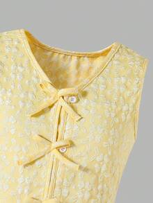 SHEIN Bộ 2 món cho bé gái, kiểu dáng thường ngày, chất liệu vải jacquard màu vàng, có nơ trang trí, gồm áo không tay và quần ống rộng cạp chun, dáng rộng thoải mái, phù hợp cho mùa thu, xuân, hè, mặc hàng ngày, đi làm, dã ngoại, đi học, dạo phố, dự tiệc, chụp ảnh. - Màu vàng - Xem 4