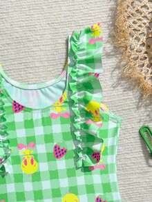 LOONEY TUNES X SHEIN GraphicGems Traje de baño de una pieza con volantes a cuadros para niña, adecuado para vacaciones en la playa, fiestas en la piscina, fiestas en la playa - Multicolor - Ver 4