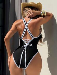 Shapewave Traje de baño de una pieza sexy y ajustado con cuello en V de unicolor, contraste y espalda descubierta con lazo, para mujer, verano - Blanco y Negro - Ver 2