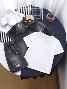 SHEIN 男童3件組復古丹寧襯衫T恤短褲套裝 初秋返校日常休閒童裝套裝 - 黑色 - 查看 7