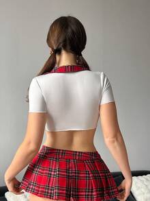 三件套：百褶裙、学生角色扮演用长筒袜 - 紅白色 - 查看 7