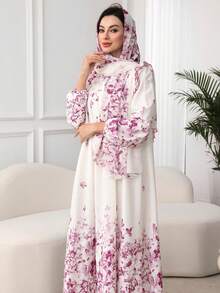 SHEIN Najma 褶皱花卉图案优雅连衣裙配头巾 - 粉色 - 查看 4