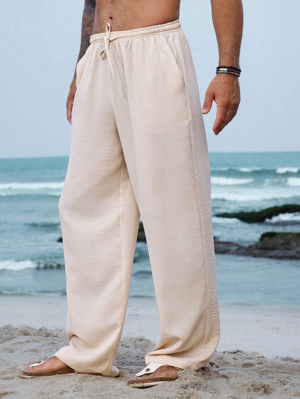 Linen-Feel Elastic Waist Relaxed Fit Pants For Men, Apricot Color