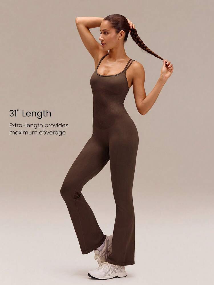 31" Ultrafine Soft Seamless Active Flair Crisscross Strappy Back Flare Leg Jumpsuit Training Running Workout Gym Fitness Active Wear