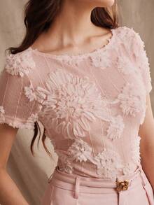 Anewsta Delicate French Style Pink 3D Floral Jacquard Short Sleeve Elegant T-Shirt For Women, Suitable For Dates And Commuting, Spring/Summer - Pink - View 4