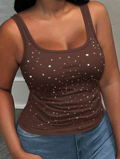 Slaydiva Plus Size Women Rhinestone Pleated Casual Sexsy Versatile Daily Wear T-Shirt Nightclub Brown Sequin Sequin Summer