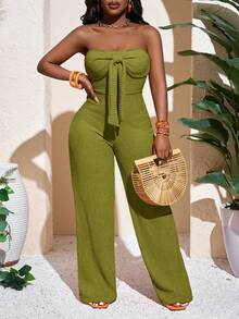 Slaydiva Bộ jumpsuit nữ mùa xuân hè mới, kiểu dáng thường ngày, gợi cảm và thanh lịch: áo ống thắt nơ, ống rộng dài chấm đất, màu cam, chất liệu dệt kim, thích hợp cho kỳ nghỉ. - Màu xanh Ô liu - Xem 1