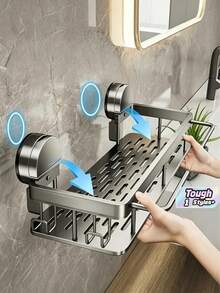 Estantería de baño de aluminio montada en la pared sin taladro | Diseño desmontable resistente, estante de almacenamiento con ventosas gris elegante | Organizador montado en la pared con bandeja de drenaje y ganchos para toallas | Adecuado para superficies de vidrio y lisas, solución de almacenamiento para la ducha - Multicolor - Ver 2