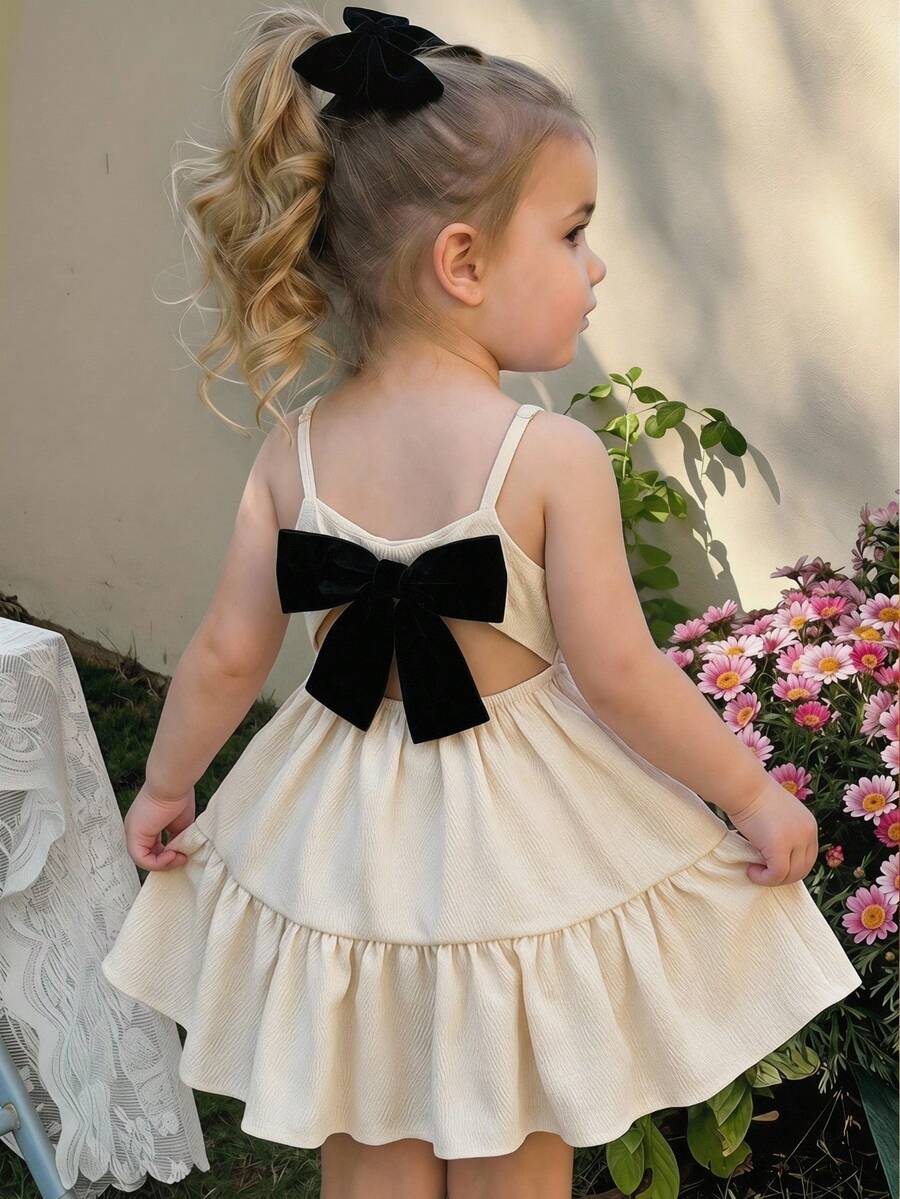 LMoss Kids 女婴可爱撞色蝴蝶结纹理宽松吊带连衣裙，夏季 - 彩色 - 查看 1