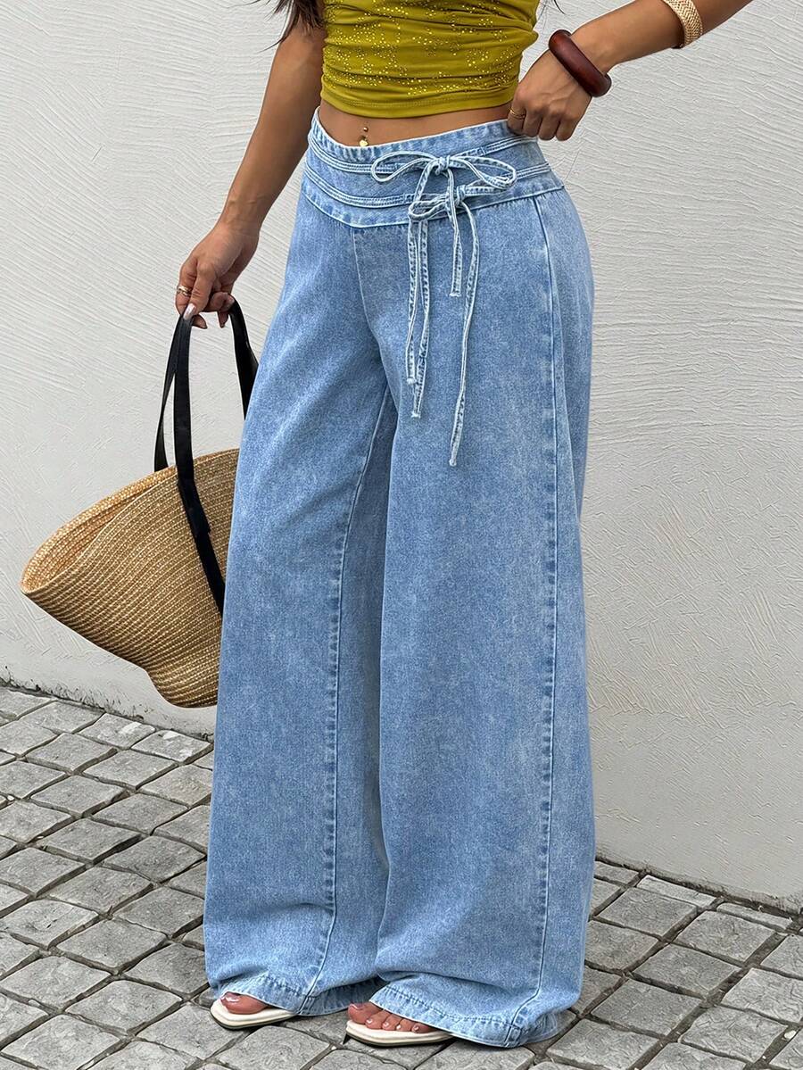 Rivivi Jeans de pierna ancha con lavado y amarre a la cintura de moda - Lavado ligero - Ver 1