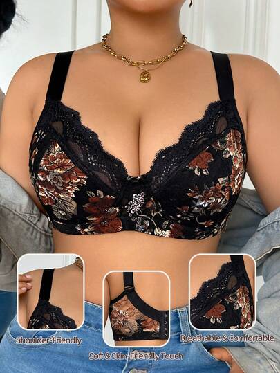 1pc Plus Size Women Lace Patchwork Underwire Thin Cup Bra