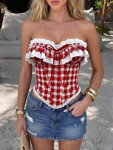 Glamine Charm Women's Fashionable Plaid Ruffle Hem Tube Top For Summer Corset Top Women Red Plaid Corset Top Western Corset Top - Red - View 8